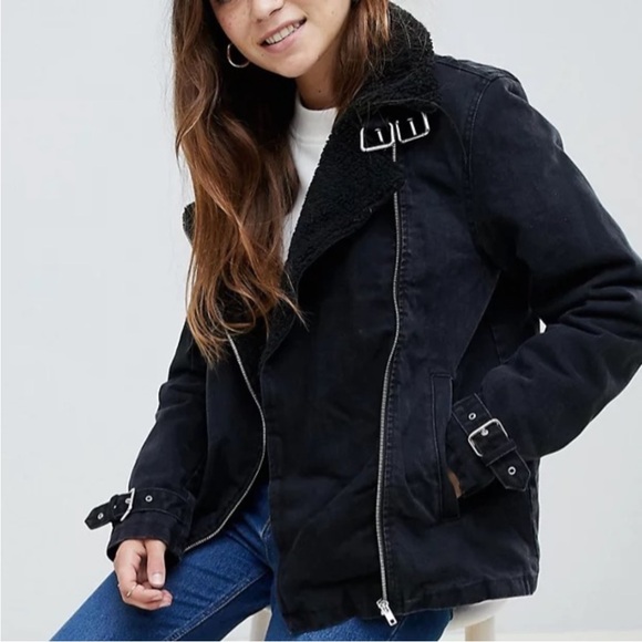 Asos Washed Denim Shearling Black Jacket Moto Biker Zip Up uk12 Large - Picture 5 of 5